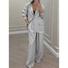Women's Spring/Fall Elegant Casual Suit Set Long-Sleeve Blazer + Wide-Leg Pants Simple Two-Piece Commuter Set