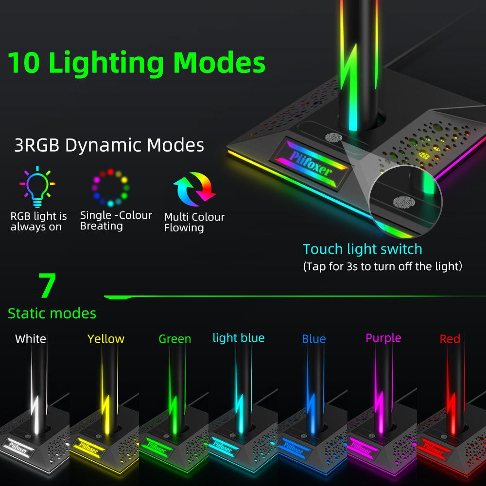 Lanxinda EB01-B Gaming Headset Stand with RGB Lighting USB Control Dual USB Ports ABS Material Neon Bulbs