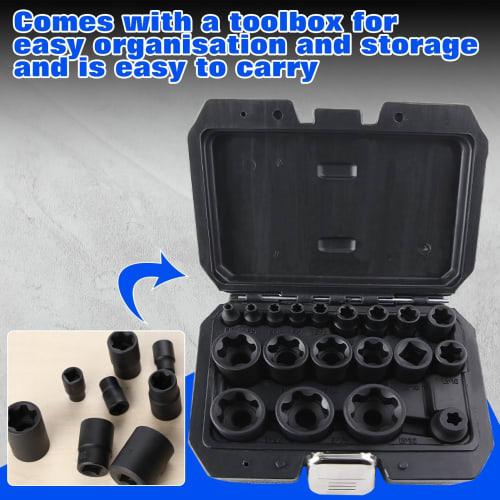 SPEEDWOX External Torque Socket Set, Star Wrench, E-Socket, Star Socket Set, 1/4", 3/8", 1/2" with Storage Box, 19-Piece Set, EP4, EP5, EP6, EP7, EP8,
