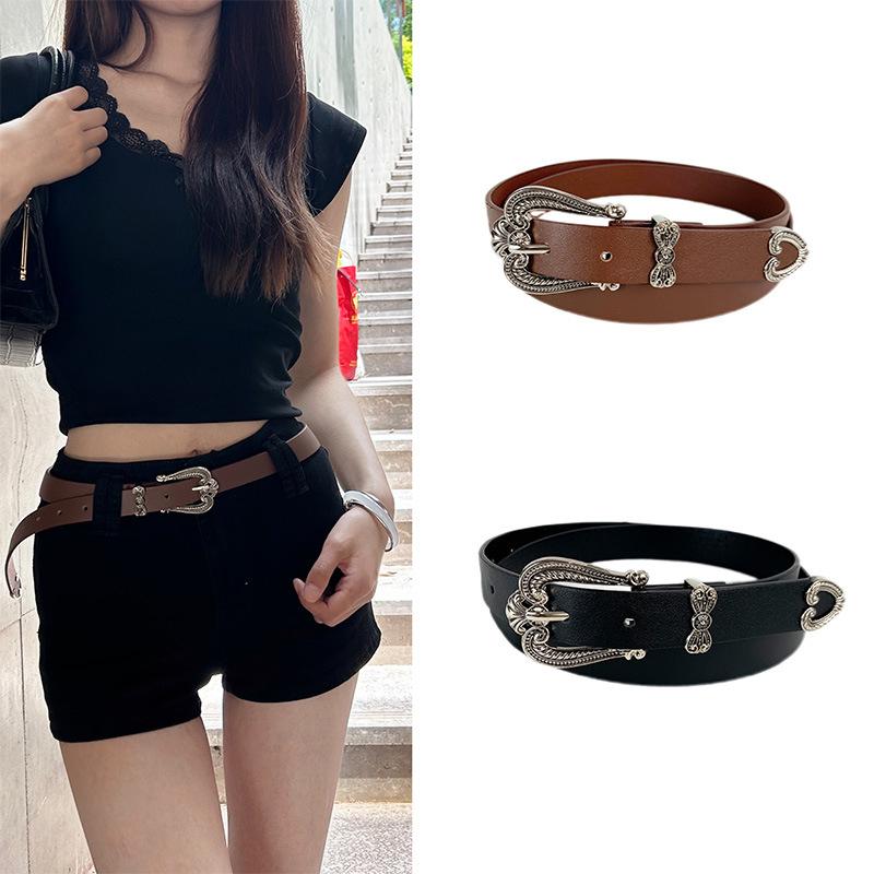 Women'S Belt Vintage Carved Needle Buckle Punk Hip Hop Rock Style Jeans Belt Y2K Belt Pu Leather Belt