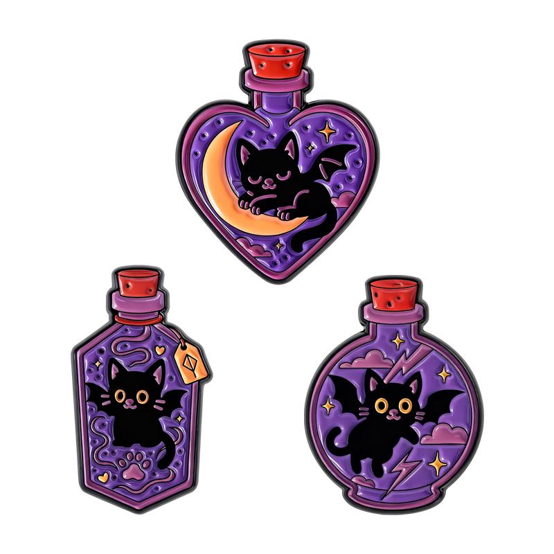 Black Cat Bat Enamel Pins Witch Magic Potion Bottle Brooches Lapel Badges Cartoon Punk Jewelry Gift for Kids Friends