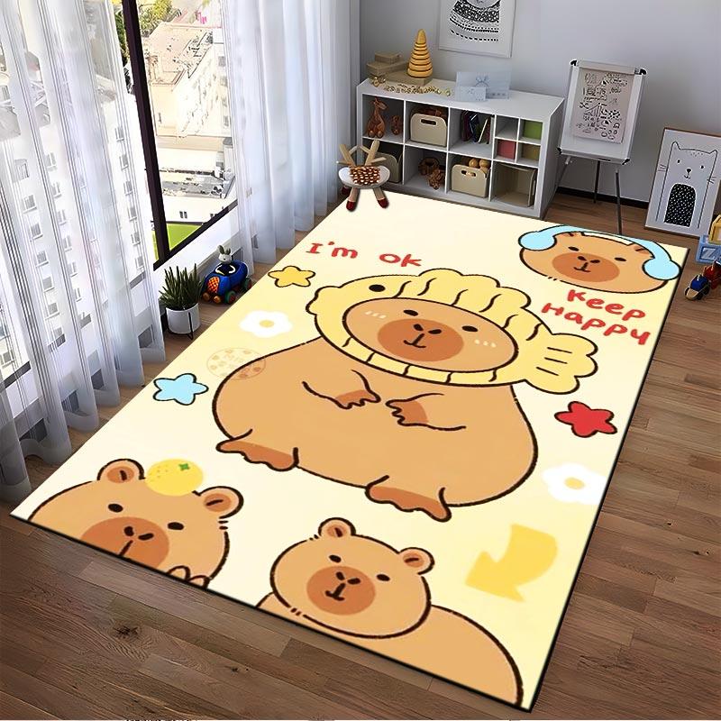 Cute Bear Pattern Carpet with Inspirational Text "Keep Happy", Beige Background Suitable for Use As an Anti-slip for Living Room Bedroom Sofas