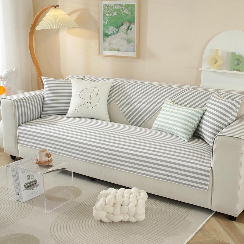 Short Plush Sofa Cover Striped Non-Slip Sofa Cushion Thickened Living Room Sofa Cushion Simple Sofa Backrest Armrests Soft