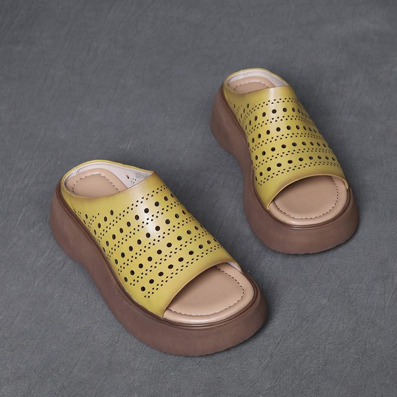 Johnature Pantoufles d'extérieur pour femmes en cuir véritable à bout ouvert et semelles épaisses, sandales compensées ajourées et respirantes de style vintage