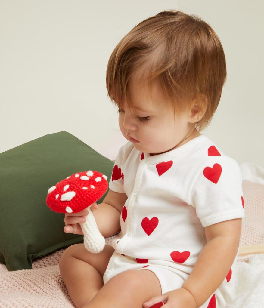 Heart Print Short Romper A09HG 6 months 67cm [Petit Bateau] Off-White/Red
