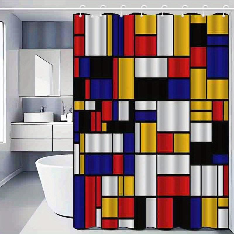 Vibrant Geometric Print Waterproof Shower Curtain For Bathroom, Mondrian Style Colorful Design High-End Toilet Partition Curtain