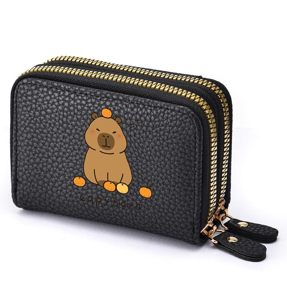 PU Leather Double Zipper With Photo Window Credit Card Holder Women, Cute Cartoon Print Ladies Perfect Birthday Gift