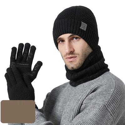 Winter Thick Men's Hat Scarf Gloves Three-Piece Riding Non-Slip Ear Protection Knitted Hat Kit Sleeve Cap