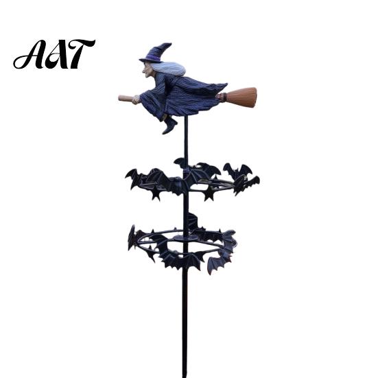 Metal Resin Wind Catchers Witch Garden Spinner, Halloween Statue Stake, Spooky Bats Themed Outdoor Decor And Spinner for Yard Art Lawn Pathway