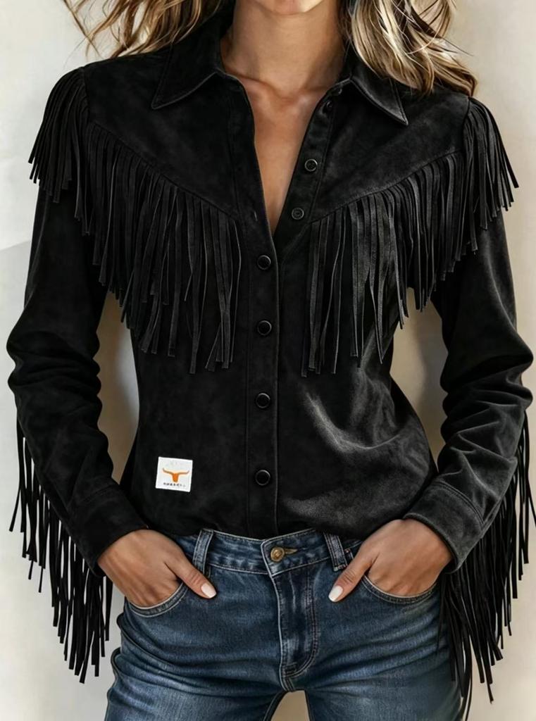Women's Shirt Collar Tassel Jacket Long Sleeve Retro Single-Breasted Short Coat Streetwear