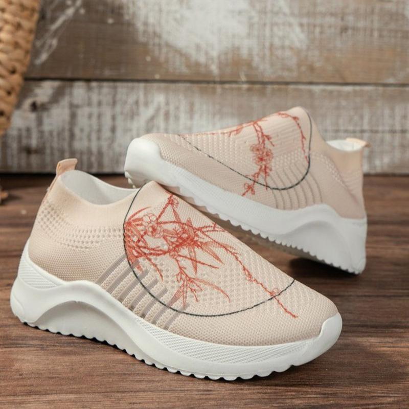 

модные вышитые вязаные носки кроссовки для женщин 2024 летние дышащие сетчатые прогулочные туфли женские нескользящие теннисные туфли на платформе 35-43 35 бежевый