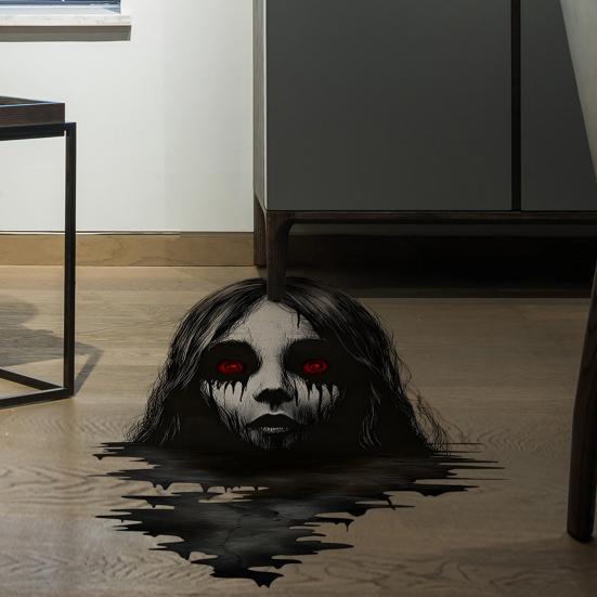 1 Set Halloween Female Ghost Sticker Waterproof PVC Self-adhesive Creepy Home Bedroom Living Room Wall Floor Decoration 3D Effect Lady Ghost Decal