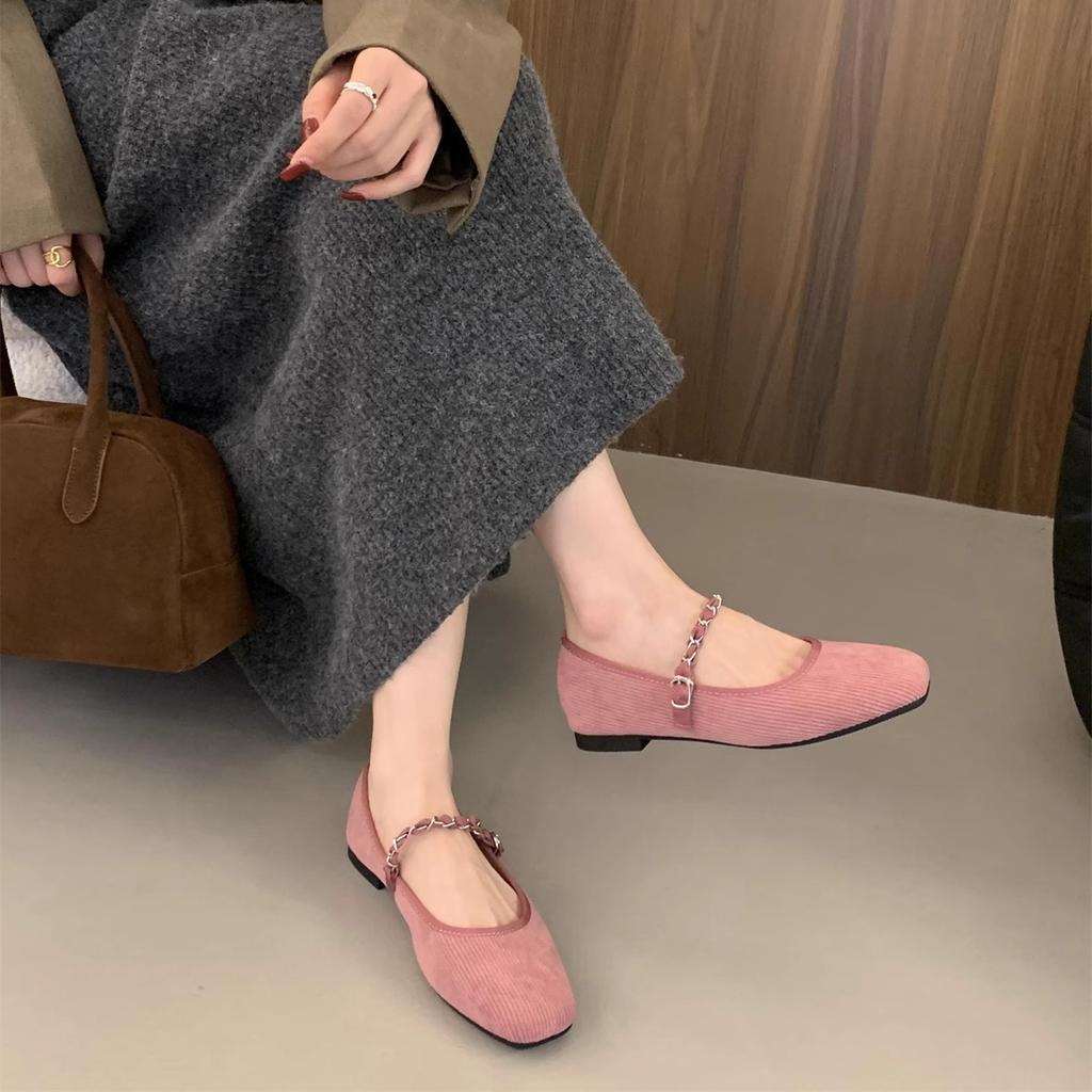 Retro Square Head Shallow Mouth Single Shoes Women's Spring and Autumn New Corduroy Beanie Shoes Women's Flat Casual Fairy Mary Jane Shoes