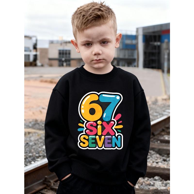 Kids Colorful Bubble Number 67 Six Seven Print Sweatshirt Unisex Boys Girls Glossy Splash Cartoon Letter Crewneck Long Sleeve Pullover Children Top