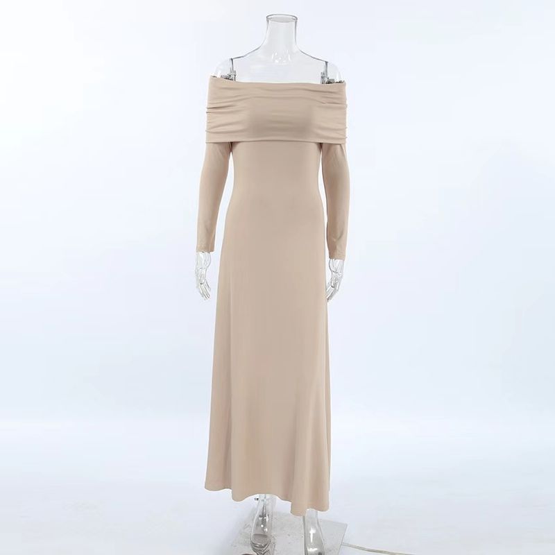 

Fashion Autumn Fashion New off Shoulder Collar Silm High Waist Dress Sexy off Shoulder Dress Khaki L