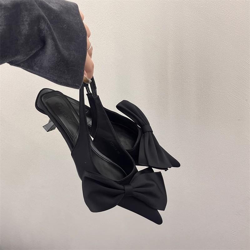 High-end Silver Bow Temperament Bag Head Sandals Women's Spring and Summer New High Heels Pointed Single Shoes