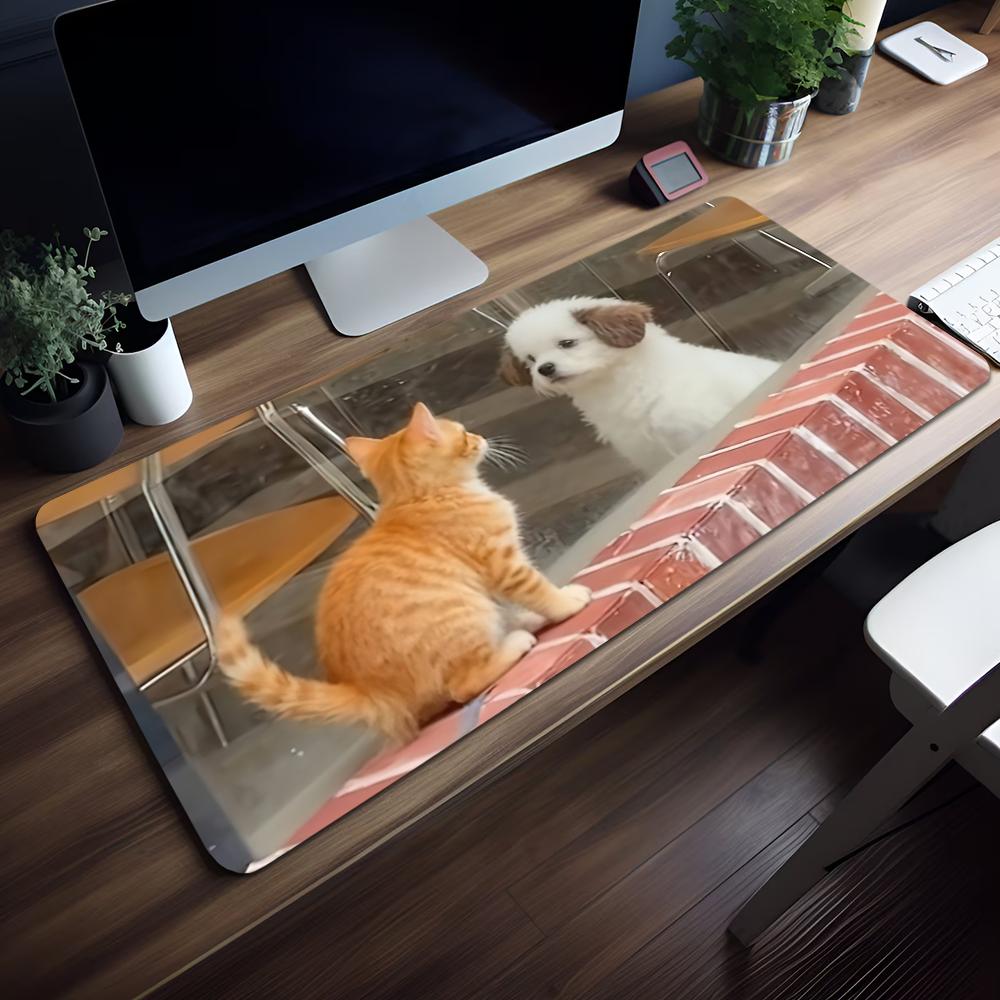 Gaming Mouse PadLarge Desk MatAntislip Rubber Base Stitched Edges Funny Cat Watermelon Art Print Extended Office Gamer Mat
