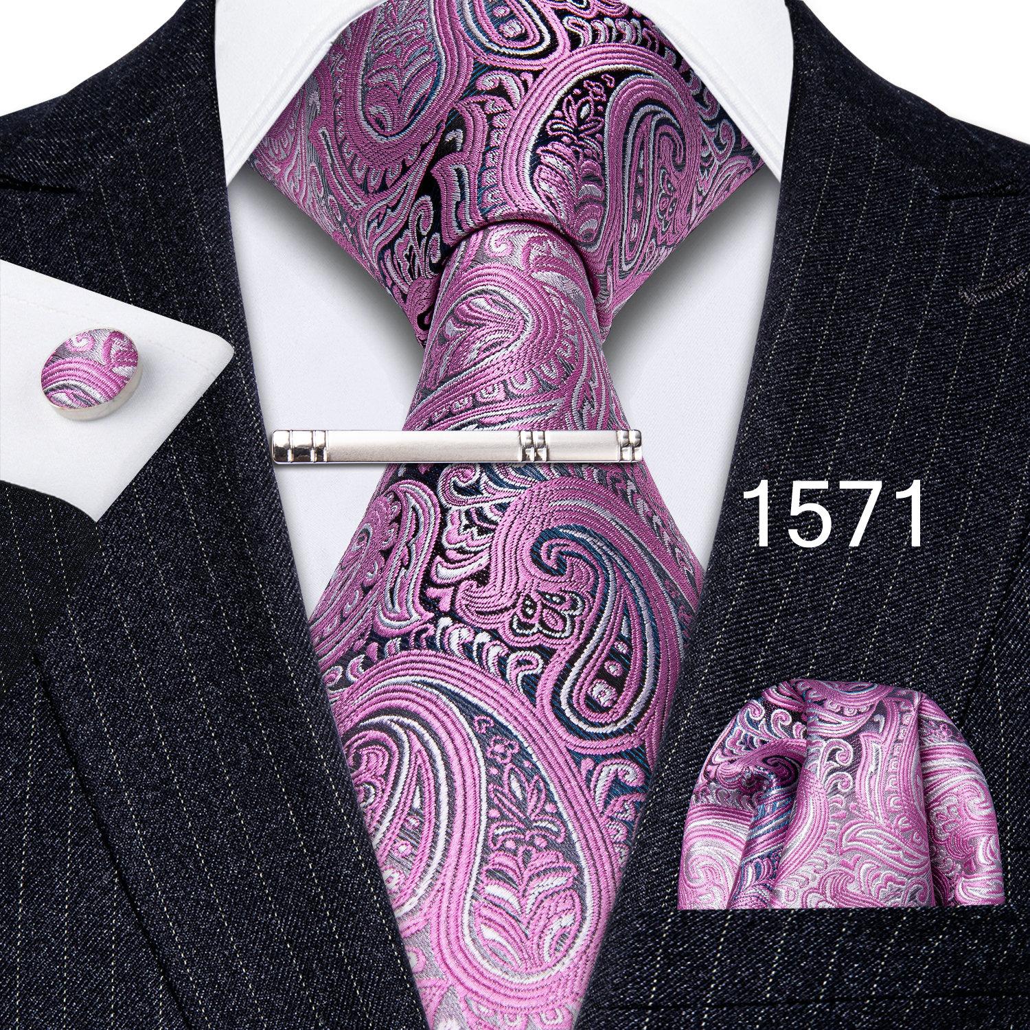 

Розкішний чоловічий набір краваток з пейслі, шовкові плетені краватки, кишенькові квадратні запонки, металеві срібні затискачі для краваток N-1571