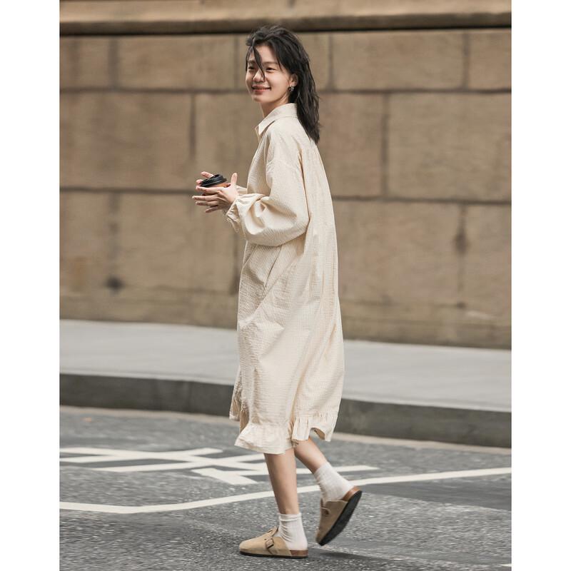 Demana Women's Spring Ruffle Edge Pure Cotton Shirt Dress