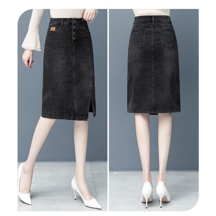 Fashionable High-Waisted Women's Spring and Autumn Denim Skirt with Hip-Hugging Slit, Summer Hip-Hugging Step Skirt