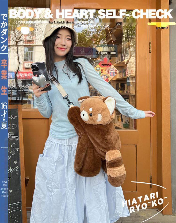 2026 Large & Small Raccoon Fur Plush Backpack - Cute Crossbody Bag for Women & Students, Lying Down Doll Toy