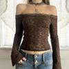Melaleuca Brown One-Shoulder Lace Bell Sleeve Slim-Fit T-Shirt