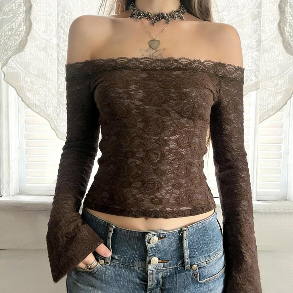 Melaleuca Brown One-Shoulder Lace Bell Sleeve Slim-Fit T-Shirt
