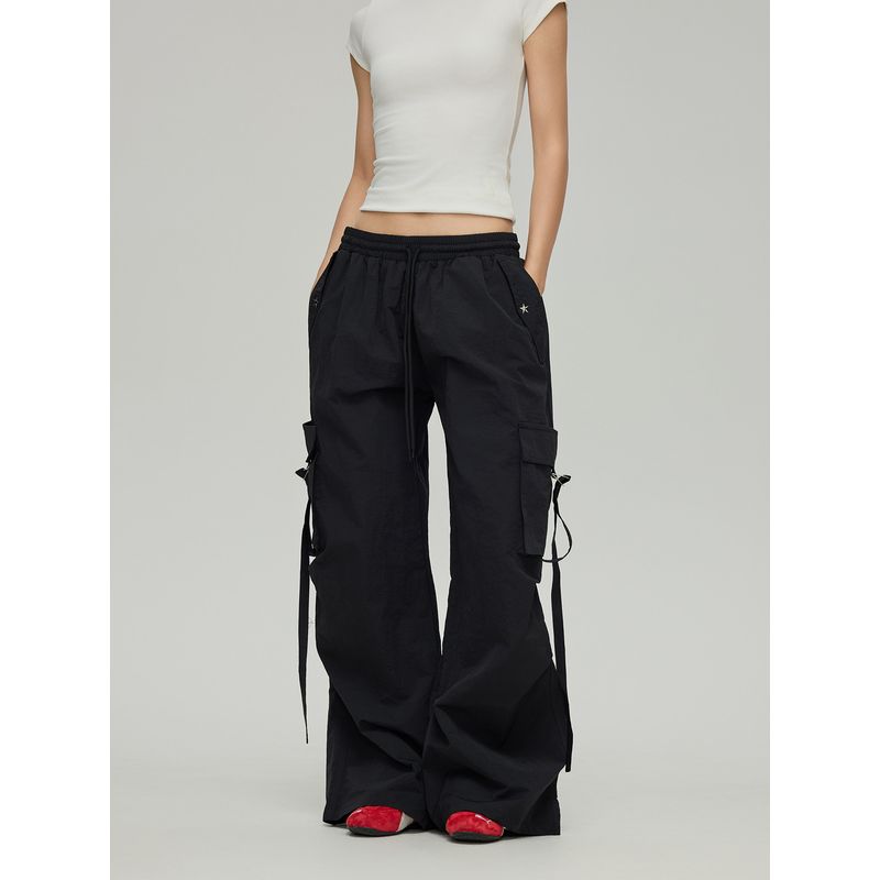 Black of Exit Trendy High-End Ribbon Straight-Leg Cargo Pants for Men and Women, Slightly Flared, Wide-Leg, Slimming Casual Pants