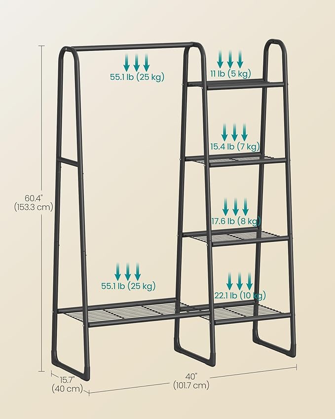 SONGMICS Clothes Rail, Freestanding Clothes Rack, 5 Storage Shelves, Metal Frame, 40 x 101.7 x 153.3 cm, Bedroom, Living Room, Hallway, Matte Black