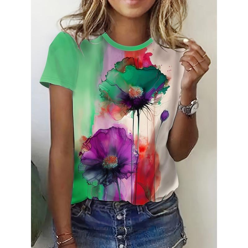Abstract painting flower pattern print contrasting round neck T-shirt S