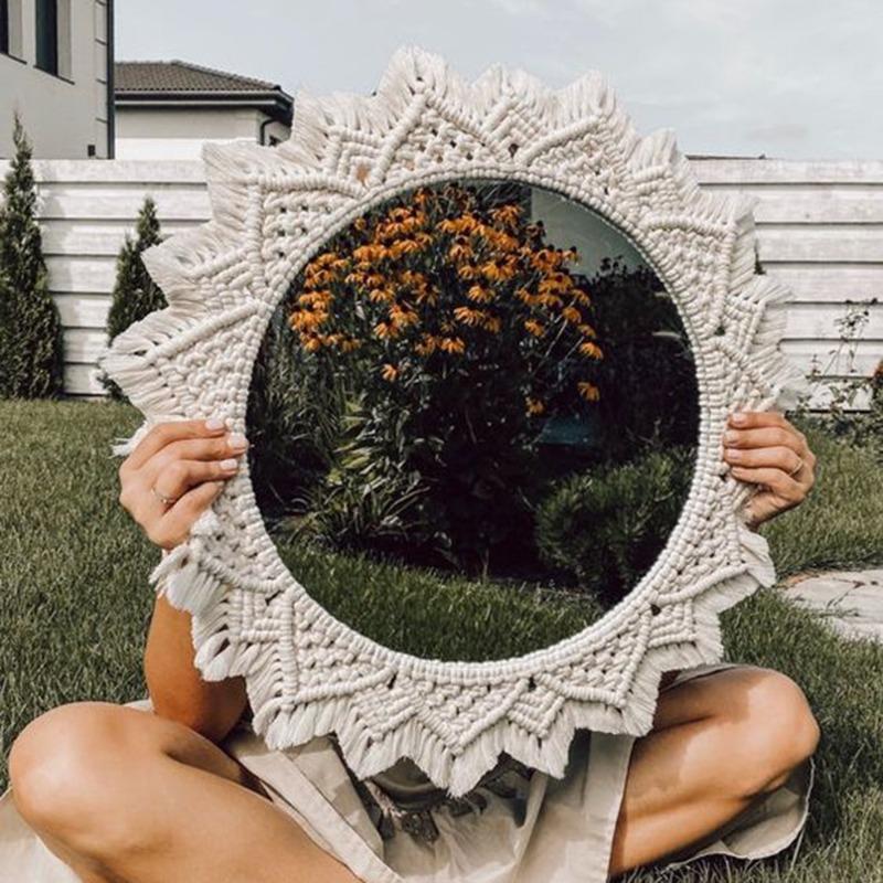 Boho Macrame Woven Round Mirror Large Size Structure Wall Hang Application Bedroom Living Room Basic Home Aesthetic Ornament