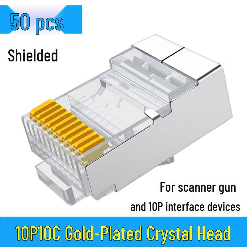 10P10C Gold-Plated RJ48 Network Cable Connector - Ten-Core Crystal Head for Scanner Connection.