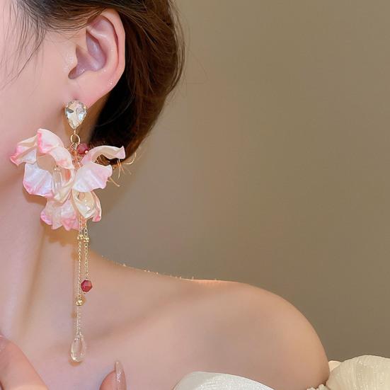 1 Pair Drop Earrings Bright Color Fabric Flower Rhinestones Tassel Long Earrings Holiday Statement Earrings