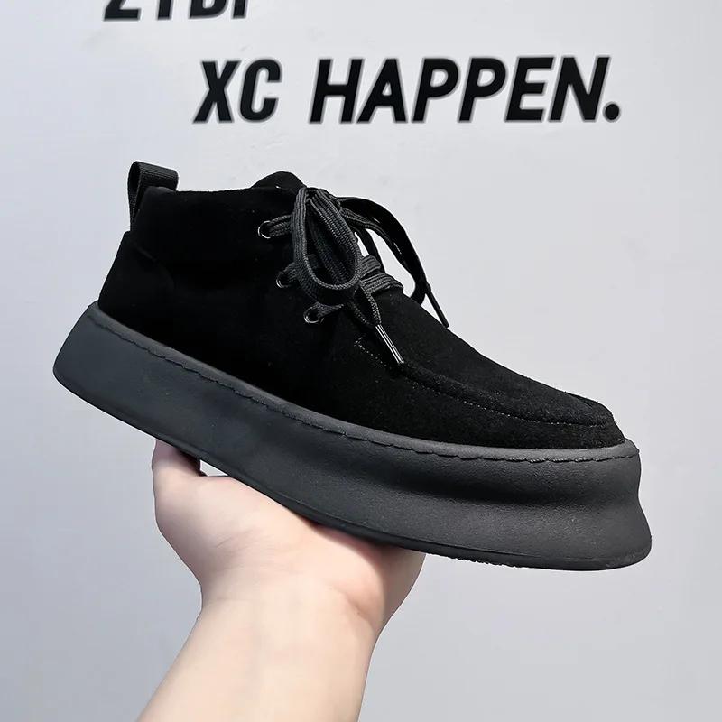 Men's Ankle Boots Suede Cowhide High Top Shoes Men Lace Up Tooling Boots Hand Sewn Thread Casual Shoes Winter Warmth Men's Boots