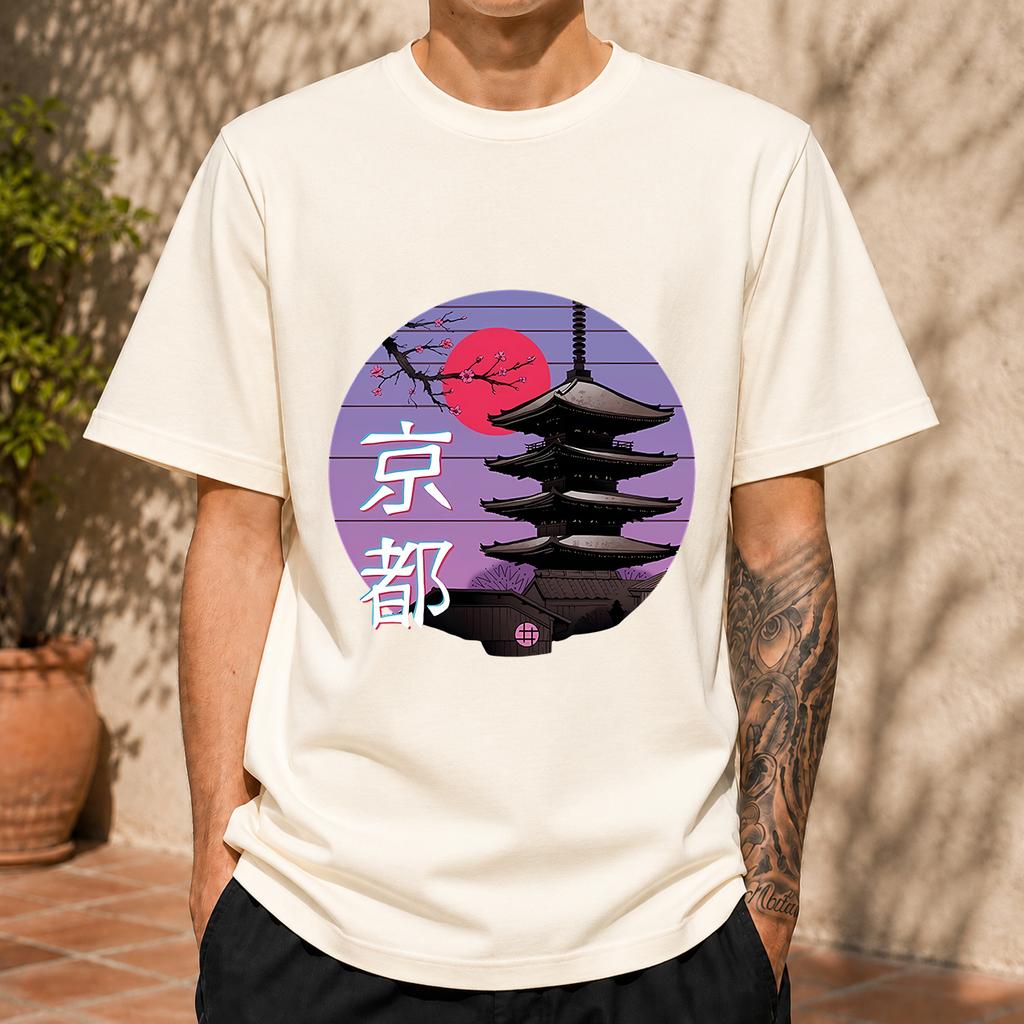 2026 New Cotton Tshirt Japanese Kyoto Fivestory Pagoda Cherry Blossom Sunset Retro Japanese Style Printed Round Neck Top Casua