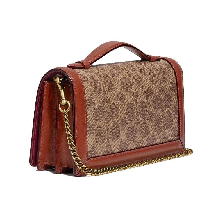 Coach Riley 20 Monogram Chain Flap Leather Mini Square Bag Women Bags Red Brown Beige 68312-B4NQ4