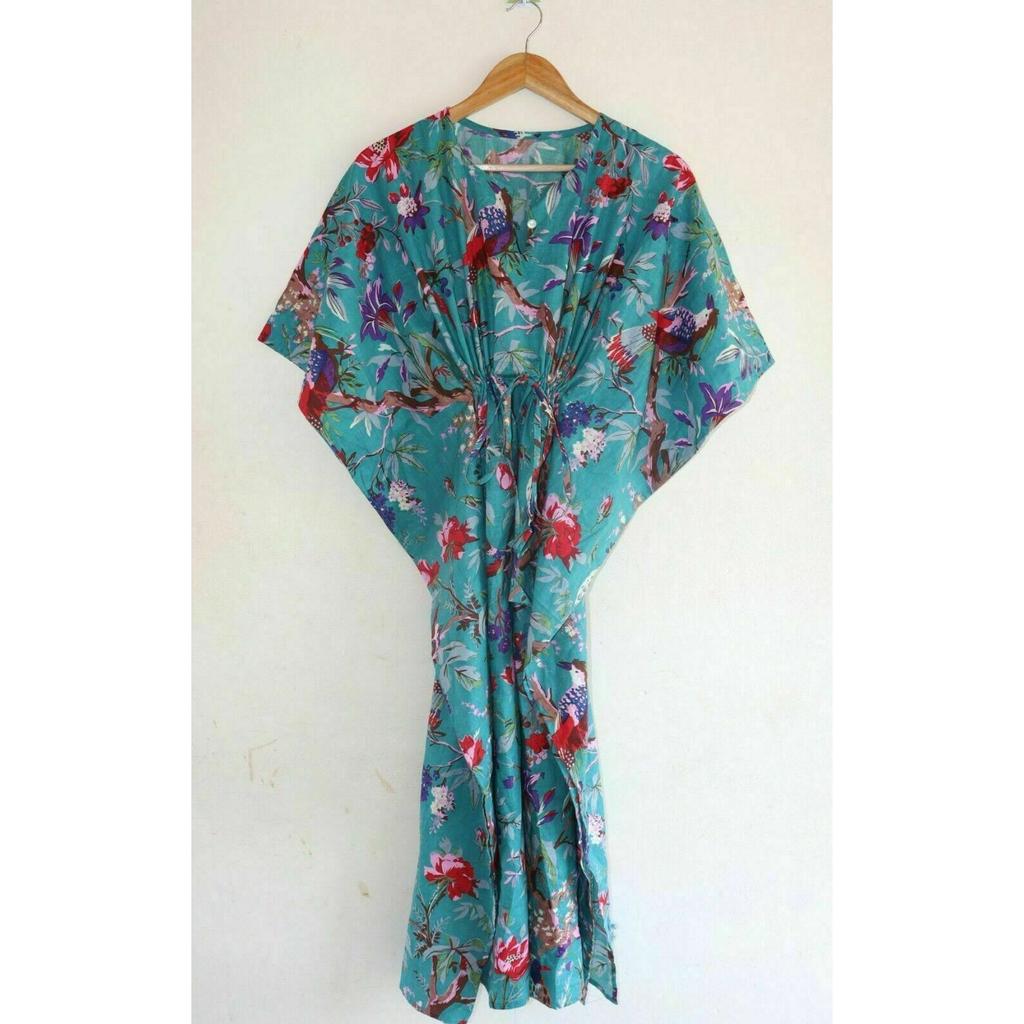 Turcoaz Indian Rochie Maxi din Bumbac cu Imprimeu Pasăre Lungă pentru Femei Boho Veșmânt de Noapte Caftan CKFTN-SCRN-FULL-BUYIT-010