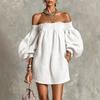 Robe smockée épaules dénudées manches bouffantes lanterne robe d'été ample avec poches latérales lin léger plage élégante fluide robe courte de fête