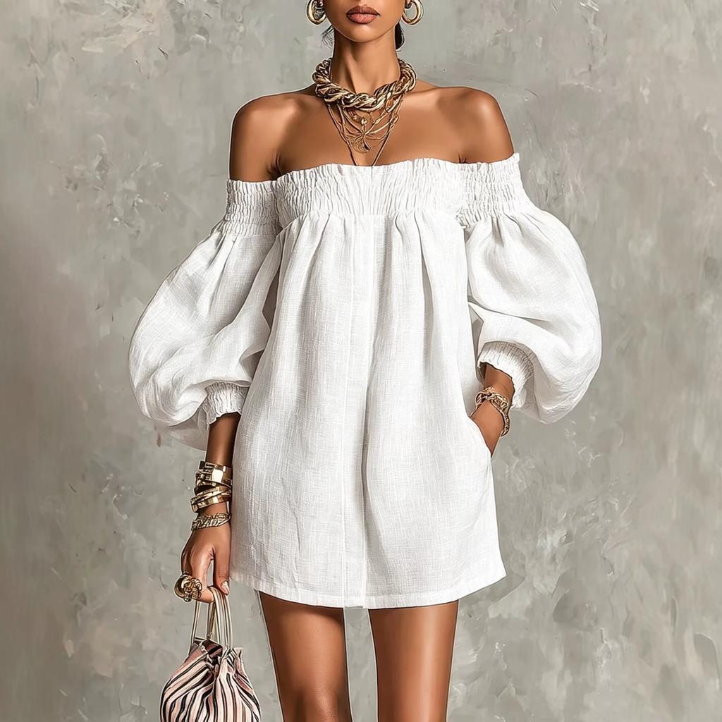 Robe smockée épaules dénudées manches bouffantes lanterne robe d'été ample avec poches latérales lin léger plage élégante fluide robe courte de fête