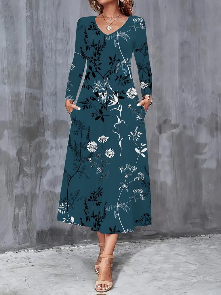2025 Herbst und Winter Neue Damen Casual Mode Kleid Herbst 3D Blumenmuster Langarm V-Ausschnitt A-Linien Kleider
