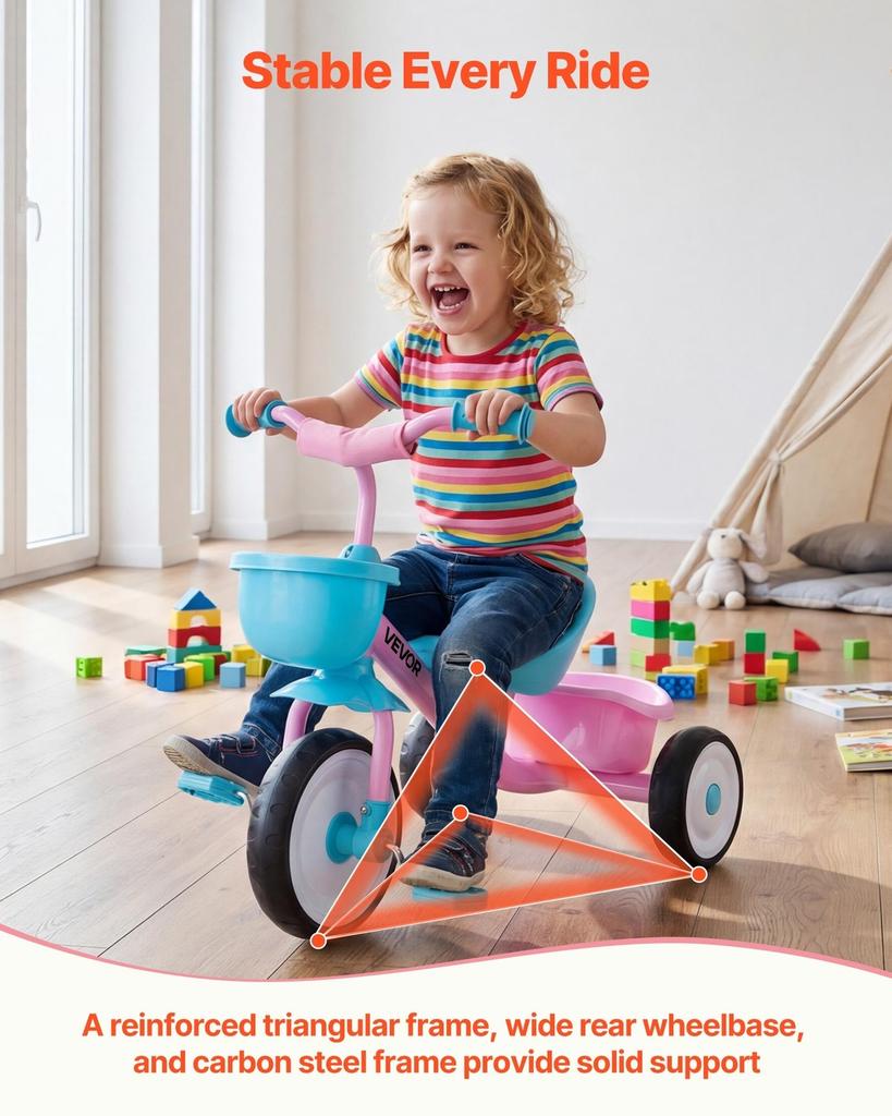 Toddler Tricycle for 2-5 Year Old, Kids Trike with Adjustable Seat, Storage Basket, Carbon Steel Frame, Handlebar Grips for Outdoor Play, Tricycle for
