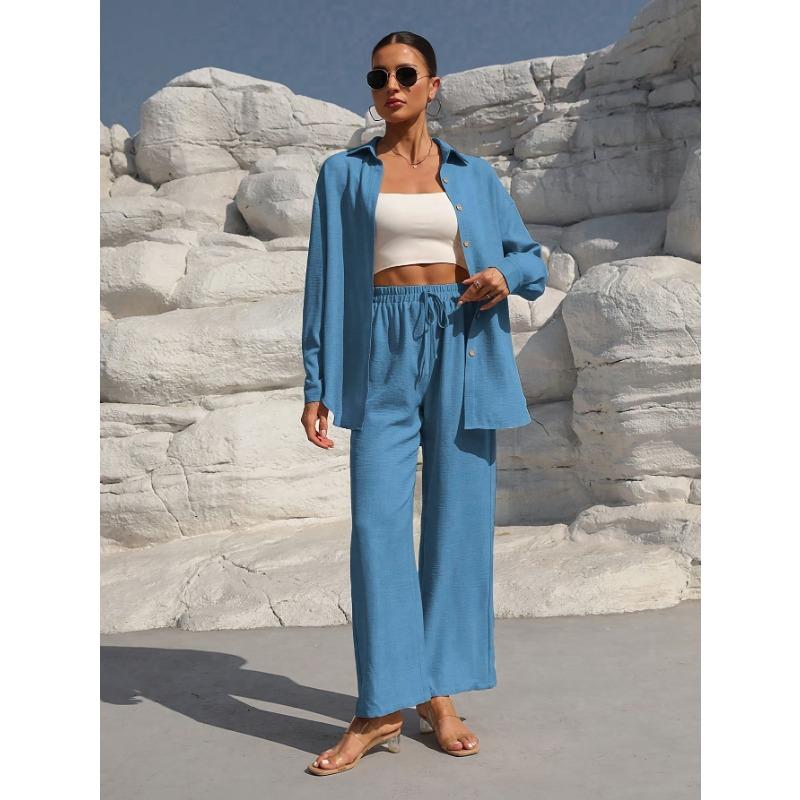 Women's Fashion Solid Color Collar Button Long Sleeve Top Elastic Waist Straight Pants Casual Set