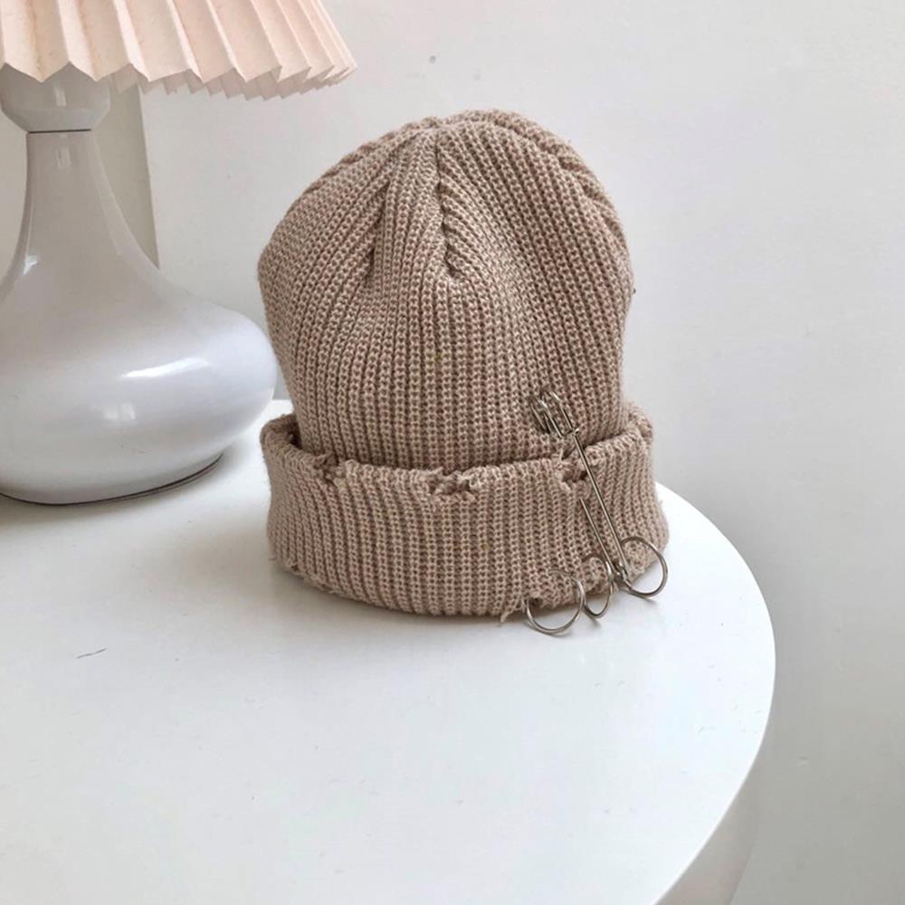 Unisex Warm Knitted Hats Hip Hop Beanies Cap Metal Pin Ring Brimless Hat Ripped Holes Edging Skullcap Hat Winter Caps