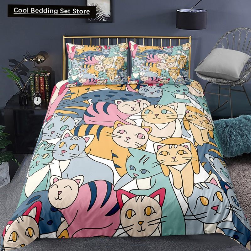 Katze Blumen König Königin Bettbezug Cartoon Kitty Floral Bettwäscheset für Kinder Niedliche Tiere Schwarz 2/3-teilig Polyester Steppdeckenbezug