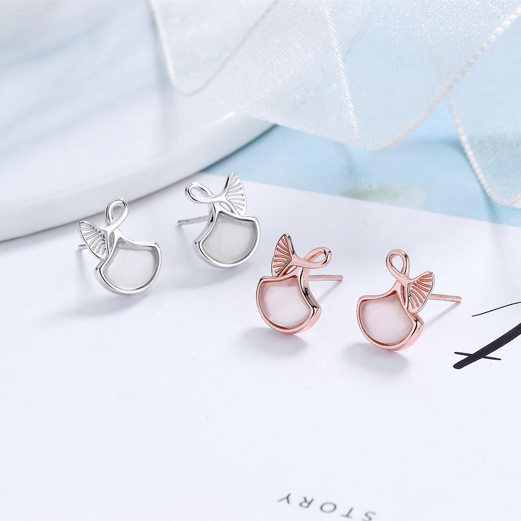 S925 Sterling Silver Sansheng Apricot Stud Earrings Female Excellent Elegant White Fritillary Ginkgo Leaf Earrings Temperament Entry Lux Ear Rings