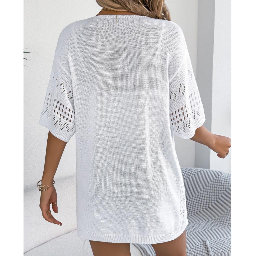 Women's Casual And Fashionable Color Hollow Out Mid Sleeve Knitted Cardigan