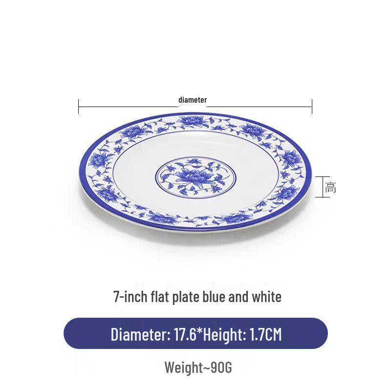 Plato redondo de melamina azul y blanca - Imitación de porcelana gruesa, ideal para salteados, arroz y uso en restaurantes.