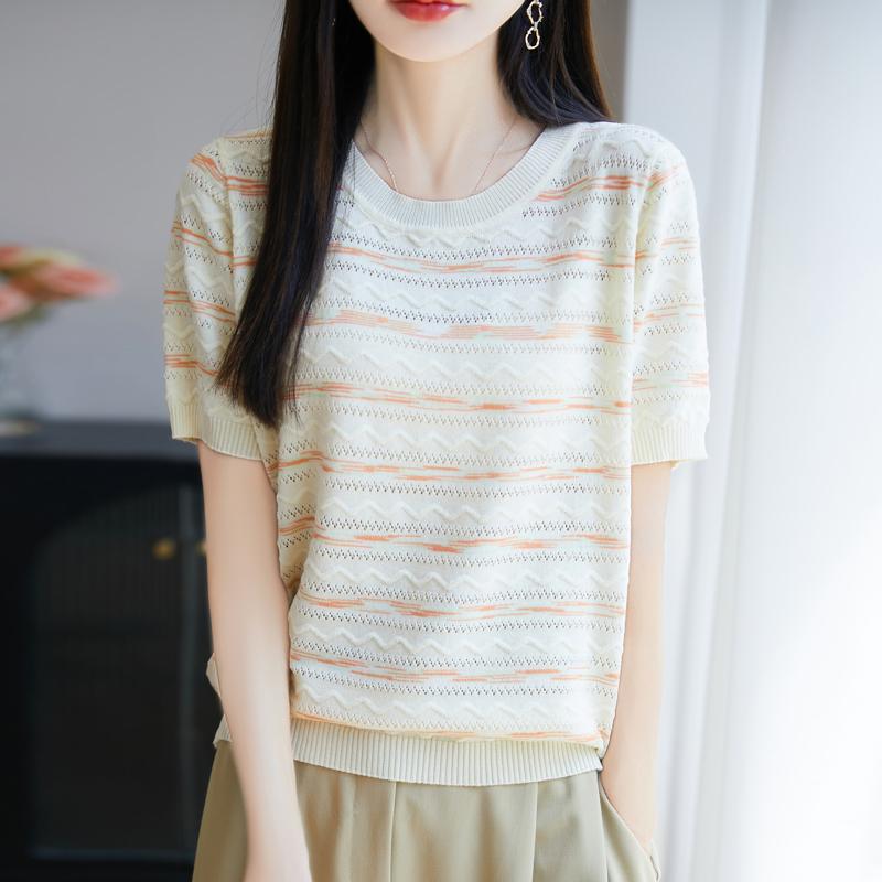 Women Knit T-shirt Summer Knitted Shirt Short Sleeve Tees O-neck Pullover Knit Tops Female