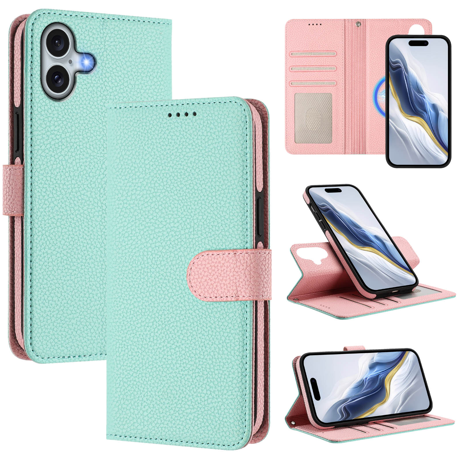 

For iPhone 16 Plus Leather Case Compatible with MagSafe Detachable Wallet Phone Cover with Hand Strap