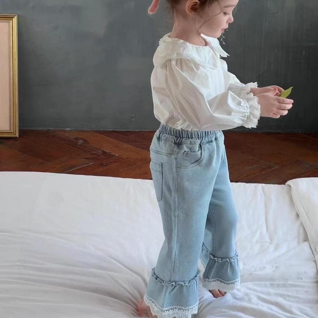 Spring 2025 Korean Style Girls' Lace Denim Flare Pants – Fashionable, Slim, Versatile Long Children's Pants